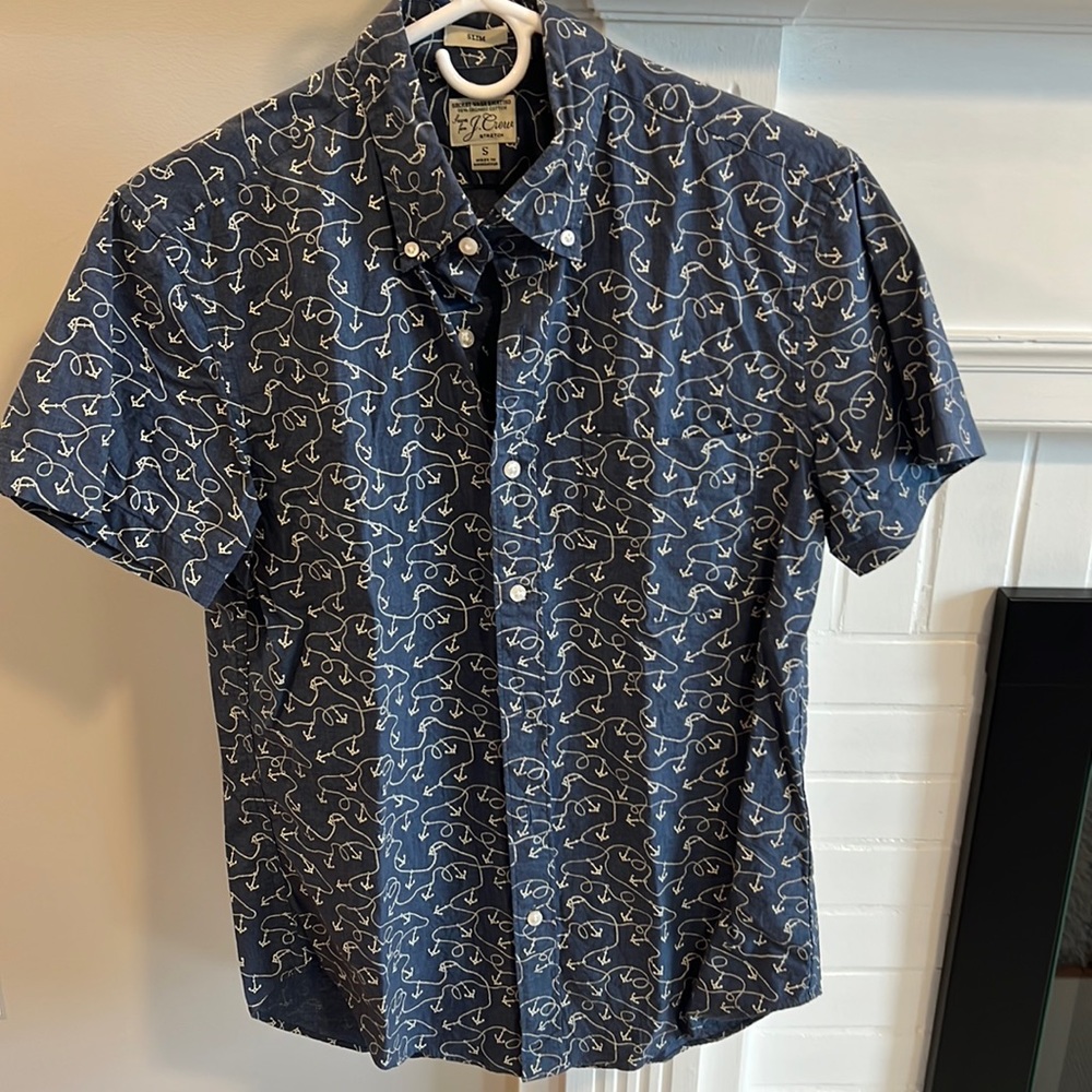 J. Crew Short Sleeve Button Down Shirt - Small Slim Fit - Blue w/ Rope & Anchor
